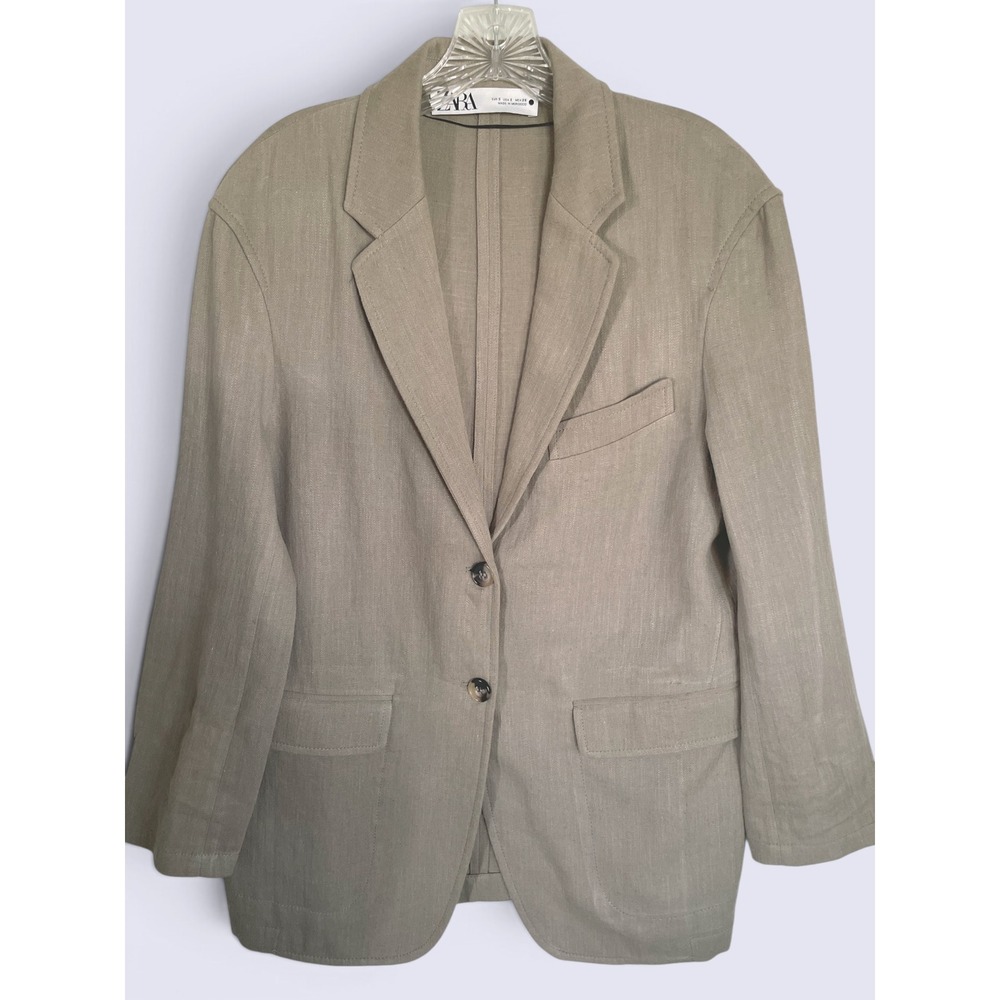 Zara Women's Straight Cut Linen Cotton Blend Blazer Jacket Mid Khaki S Retro